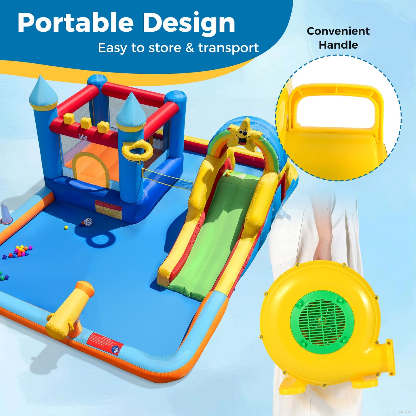 480W Bounce House Blower with Handle and Stakes by DirectDeals, yellow inflatable accessory on Tampa Home & Garden Store