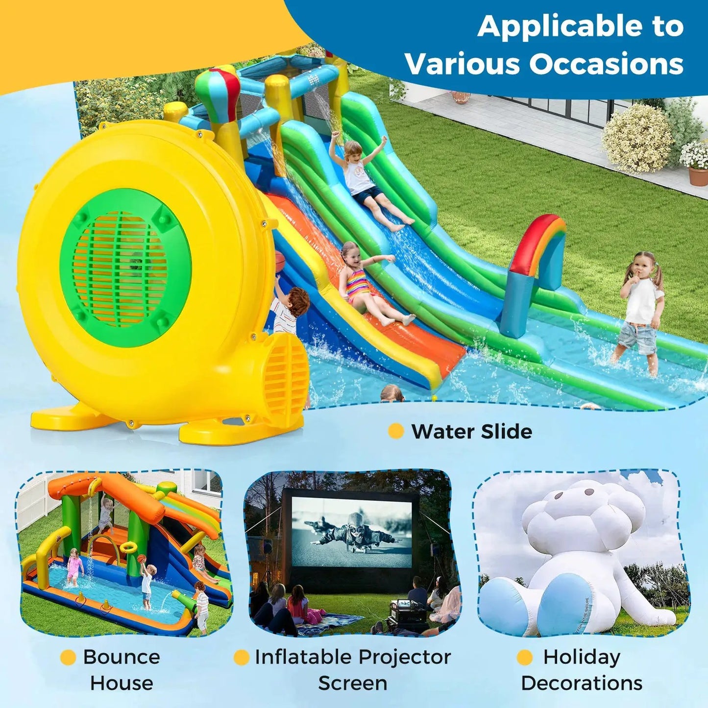 610W Bounce House Blower with Handle and Stakes bright yellow housing with green vent on Tampa Home & Garden Store