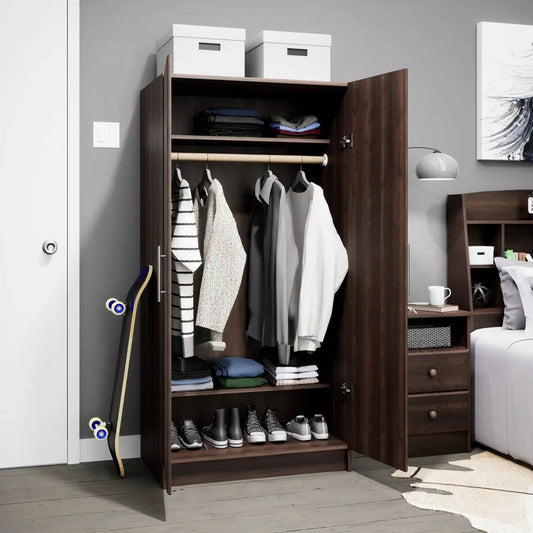 Bedroom armoire in dark brown wood with hanging rail and shelves plus two white storage boxes on Tampa Home & Garden Store