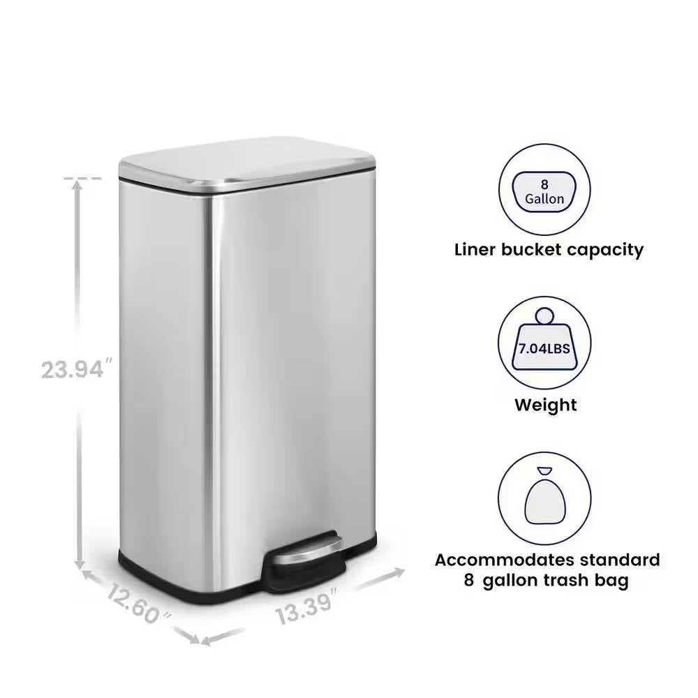 Cubo de basura de cocina de acero inoxidable de 8 galones con tapa de pedal