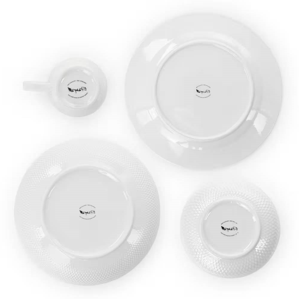 Juego de vajilla de porcelana blanca de 18 piezas con platos, cuencos y tazas - Servicio para 4