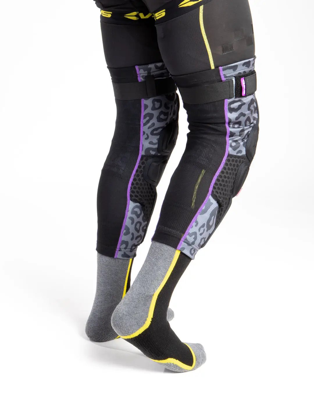 Slayco96 Ghost Leopard Knee Guard CE Level 2, black with purple leopard panels and straps on Tampa Home & Garden Store