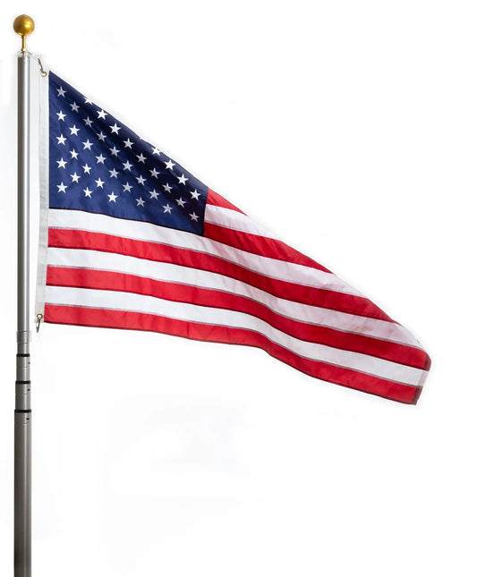 Ez Pole 21 ft telescoping flagpole with American flag, silver pole, gold ball finial on Tampa Home & Garden Store