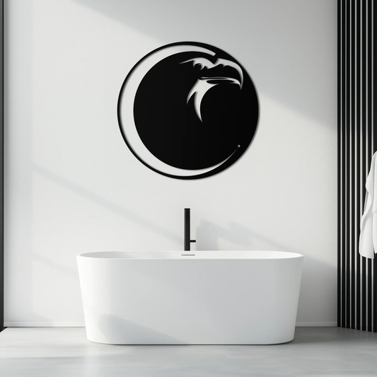 Eagle Moon metal wall art, bold black circular design with white ring accents on Tampa Home & Garden Store