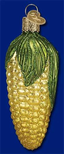 Hand Painted Ear of Corn Glass Ornament with green husk and golden kernels on Tampa Home & Garden Store