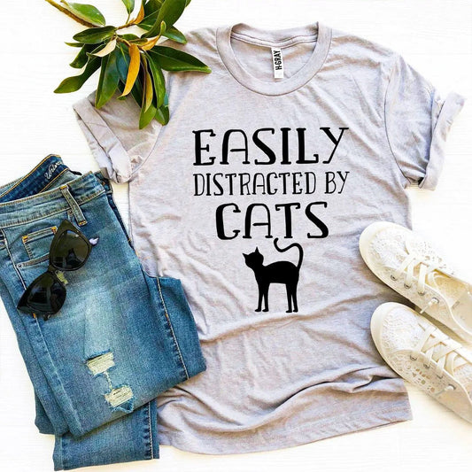 T-shirt gray Easily Distracted By Cats graphic tee with black cat silhouette, Furr Baby Gifts on Tampa Home & Garden Store