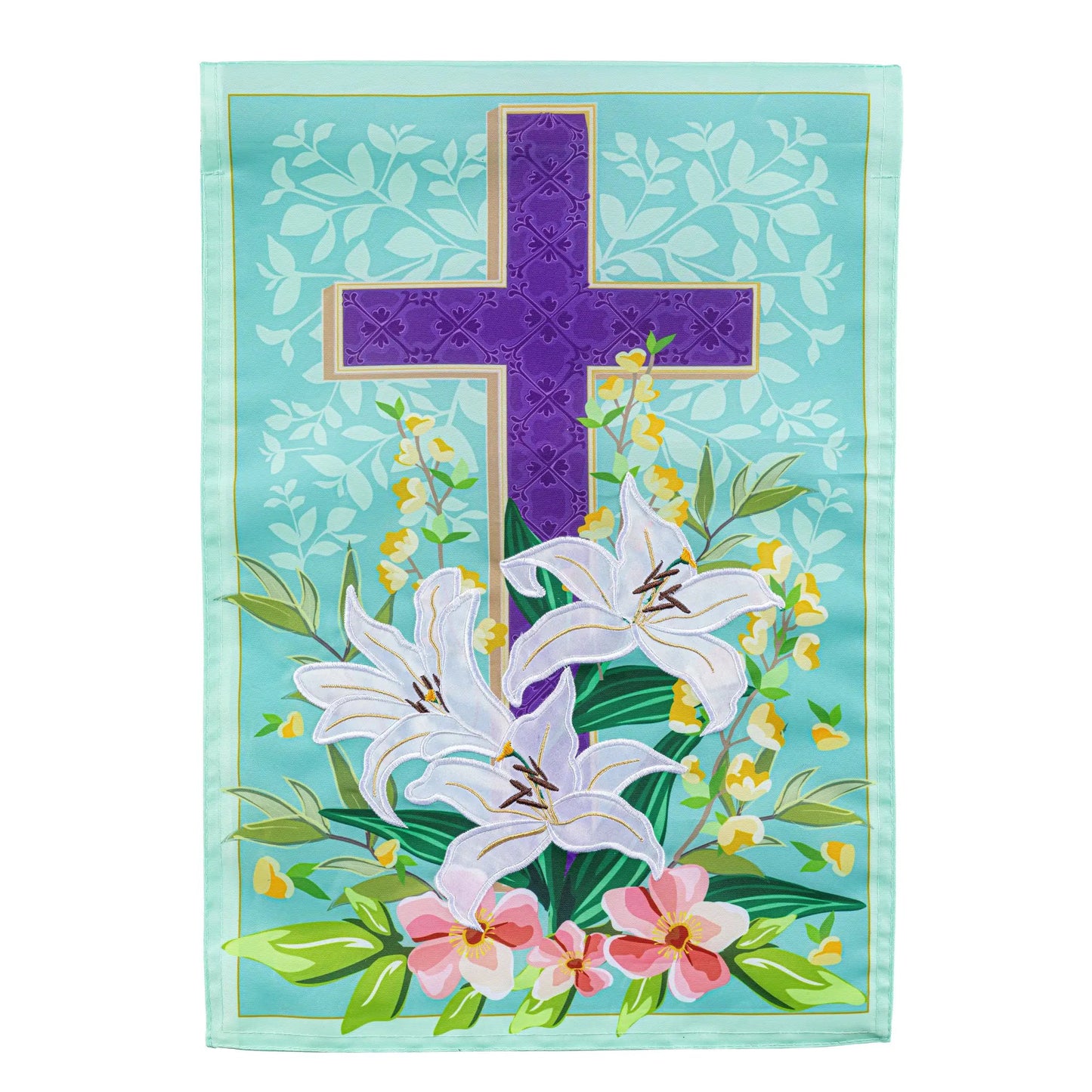 Easter Cross Applique Garden Flag Spring with purple ornate cross and bright floral accents on Tampa Home & Garden Store