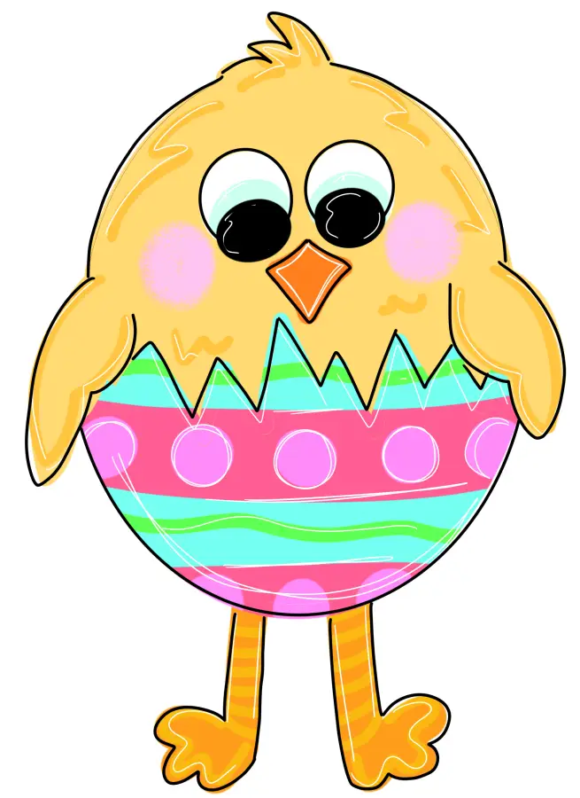 Easter Chick Door Hanger Wood Sign 22 Inch, bright yellow chick in pastel cracked-egg design on Tampa Home & Garden Store