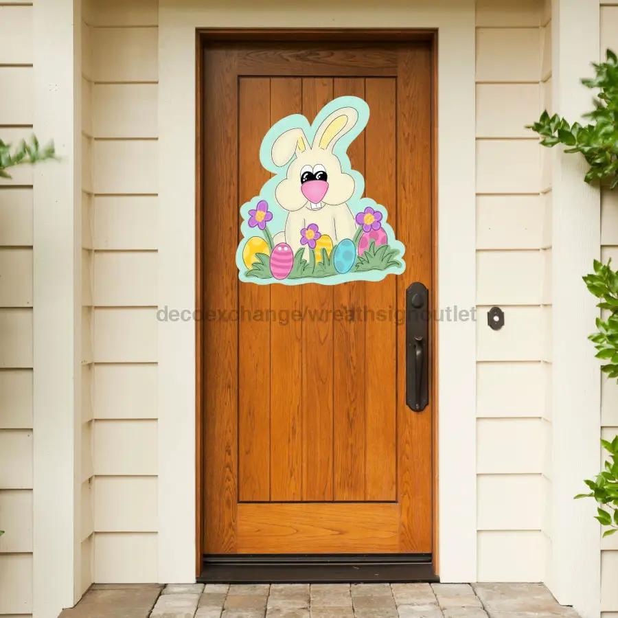 Easter door hanger wood sign by DecoExchange with pastel bunny and eggs on Tampa Home & Garden Store