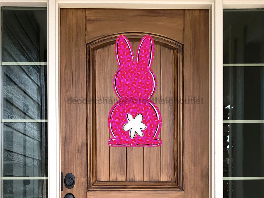 Easter rabbit door hanger wood sign, pink leopard pattern with tail, 22in DecoExchange on Tampa Home & Garden Store