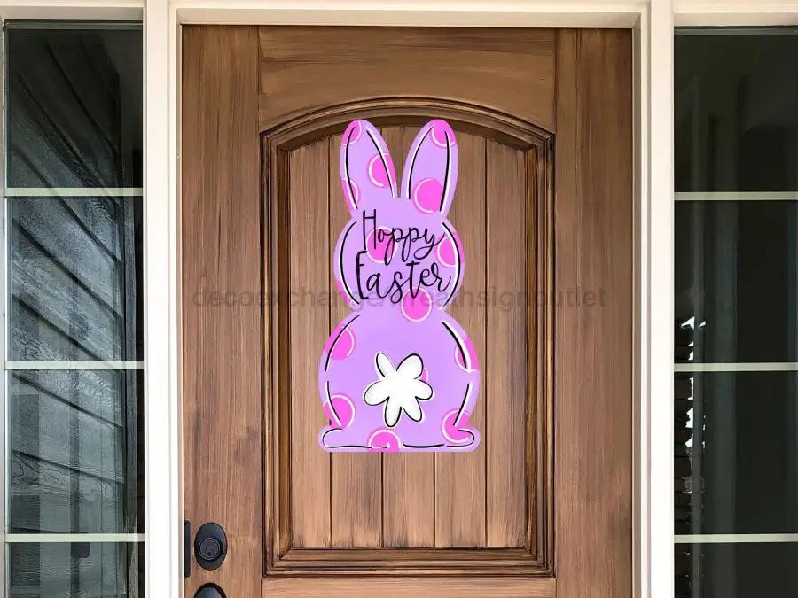 Easter Rabbit Wood Sign Door Hanger purple with pink polka dots and white flower DecoExchange on Tampa Home & Garden Store