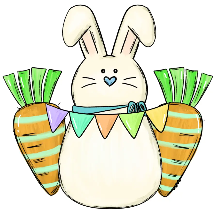 Easter Sign Wood Door Hanger with cream bunny, multicolor pennant banner, carrot accents on Tampa Home & Garden Store