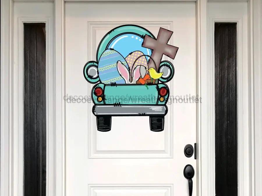 Birch Wood Easter Truck Door Hanger Sign DecoExchange with pastel eggs and cross design on Tampa Home & Garden Store