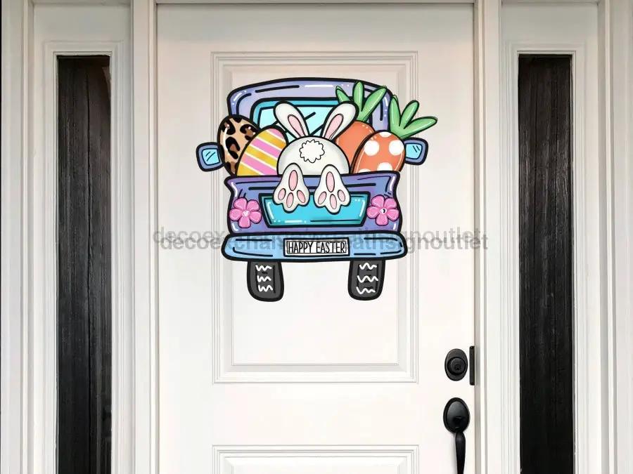 DecoExchange Easter Truck Sign Wood Door Hanger blue pickup with pastel eggs and rabbits 22 inch on Tampa Home & Garden Store