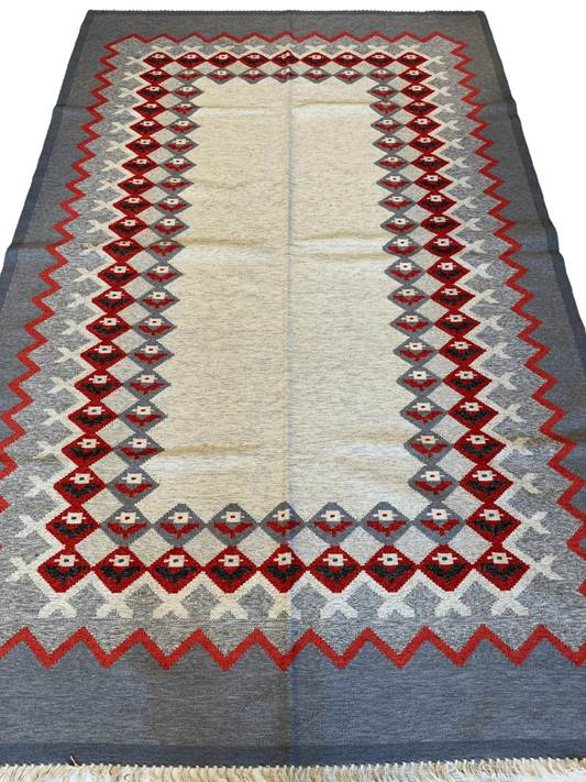 Eastern European Kilim Diamond Pattern Rug hand-knotted beige field with red-gray border on Tampa Home & Garden Store
