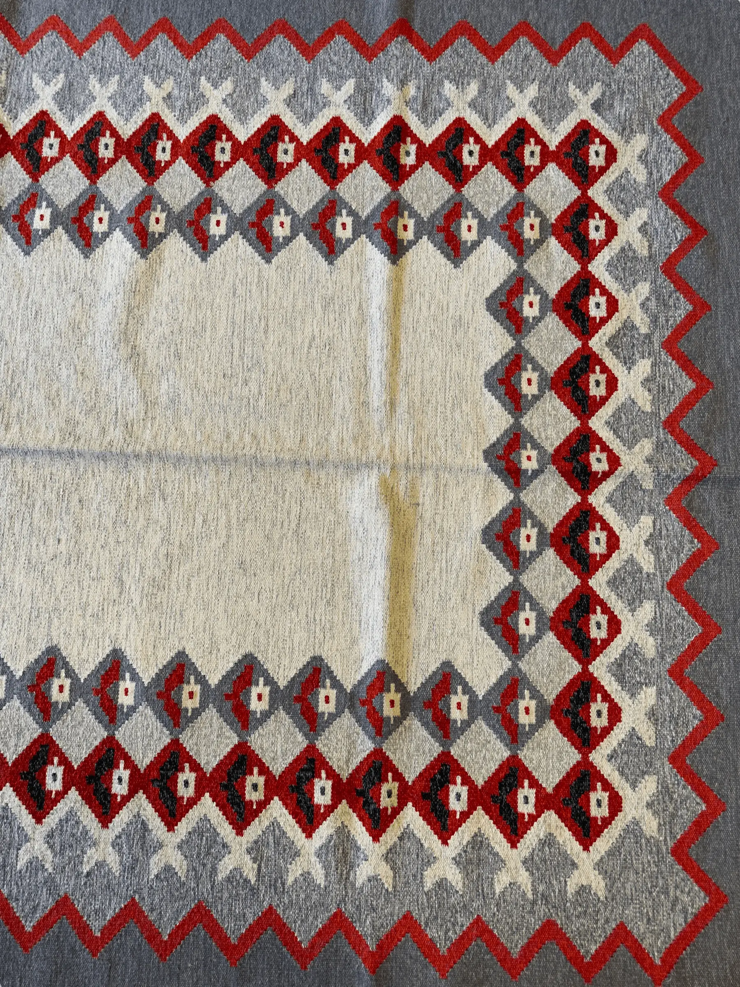 Antique Eastern European Kilim Diamond Pattern Rug, red border on blue-gray field on Tampa Home & Garden Store