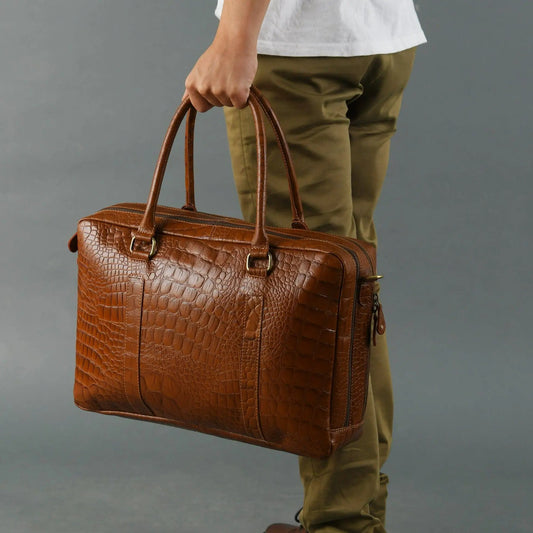 Easton Buffalo Leather Laptop Briefcase brown crocodile-embossed leather with dual handles on Tampa Home & Garden Store