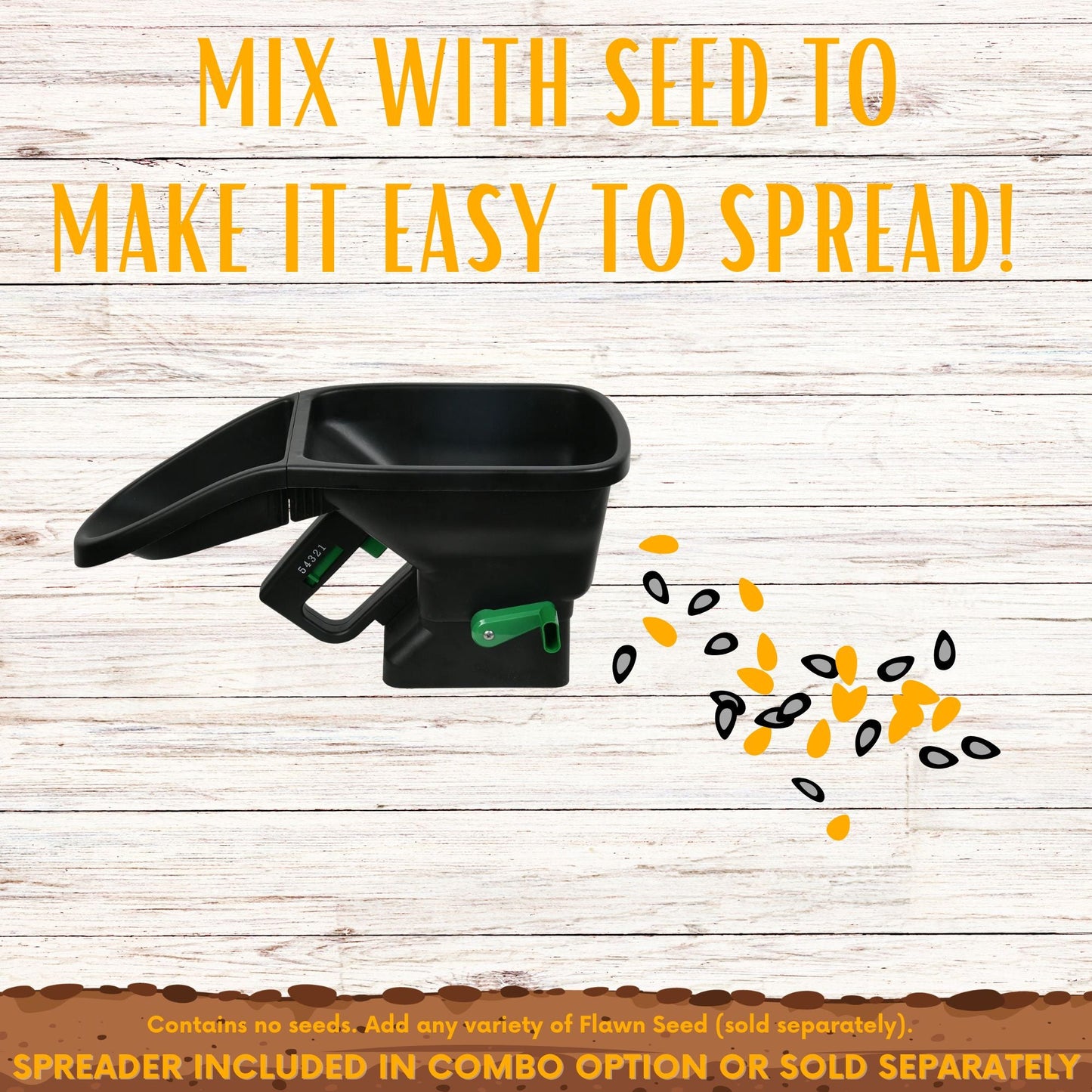 Easy Seed Spreading Mix by Flawn Seed Kits with a black seed spreader and scattered seeds on Tampa Home & Garden Store