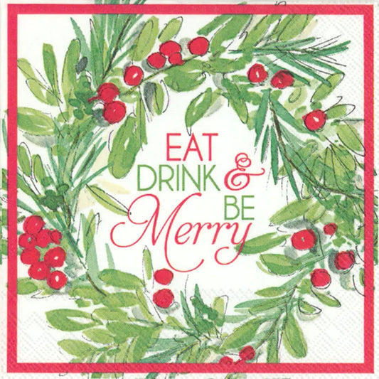 Eat Drink & Be Merry Cocktail Napkins by The Country Christmas Loft with wreath and red berries on Tampa Home & Garden Store