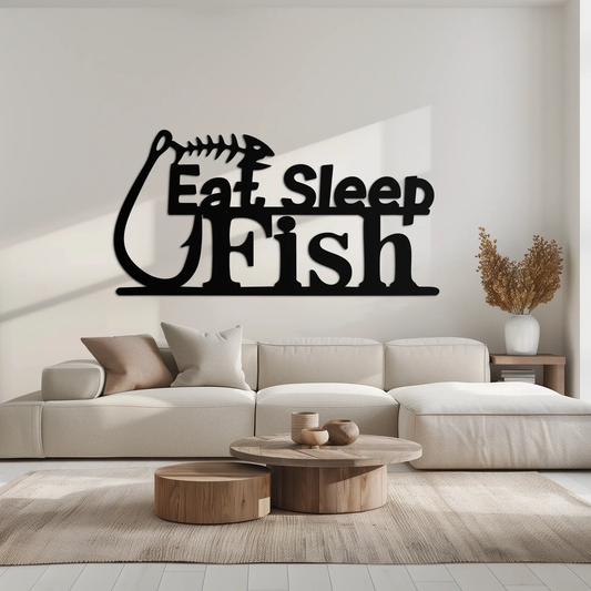 Eat Sleep Fish metal wall art for anglers, black modern silhouette wall decor on Tampa Home & Garden Store
