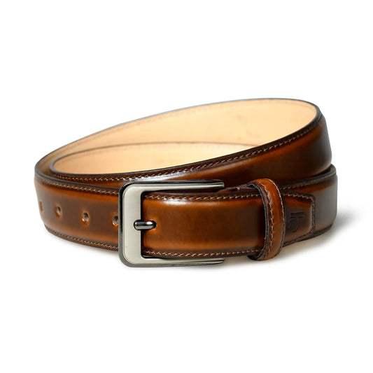 Eclipse Walnut Brown Premium Leather Belt with stitched edges and silver buckle on Tampa Home & Garden Store