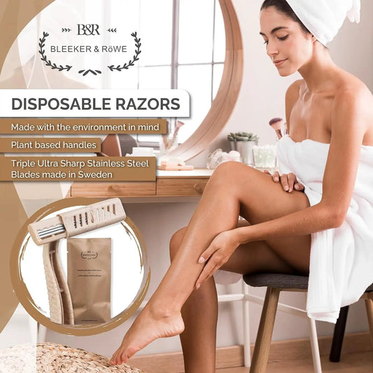 Eco Friendly Disposable Razor with plant-based handle and stainless steel blades in spa scene on Tampa Home & Garden Store