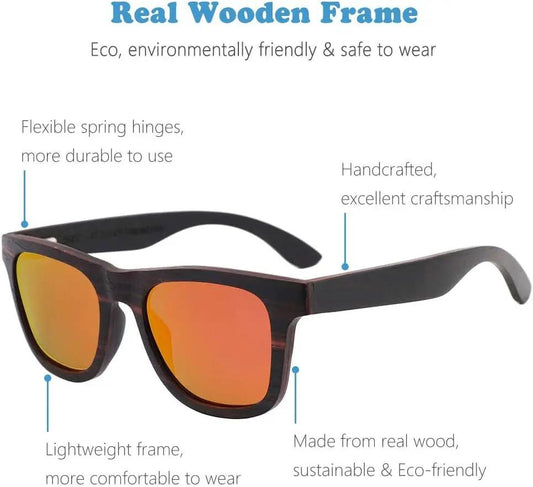 Eco Friendly Polarized Bamboo Wood Sunglasses with dark frame and orange mirrored lenses on Tampa Home & Garden Store