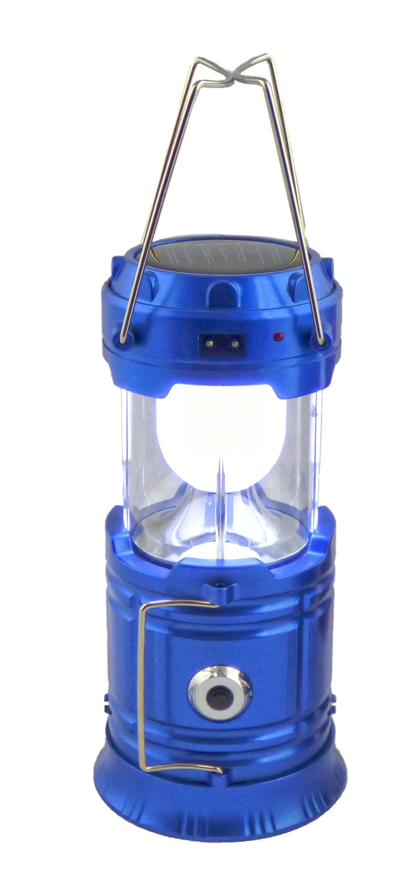 EcoSmart 3-in-1 Solar Lantern blue with metal handle and clear glass chamber on Tampa Home & Garden Store