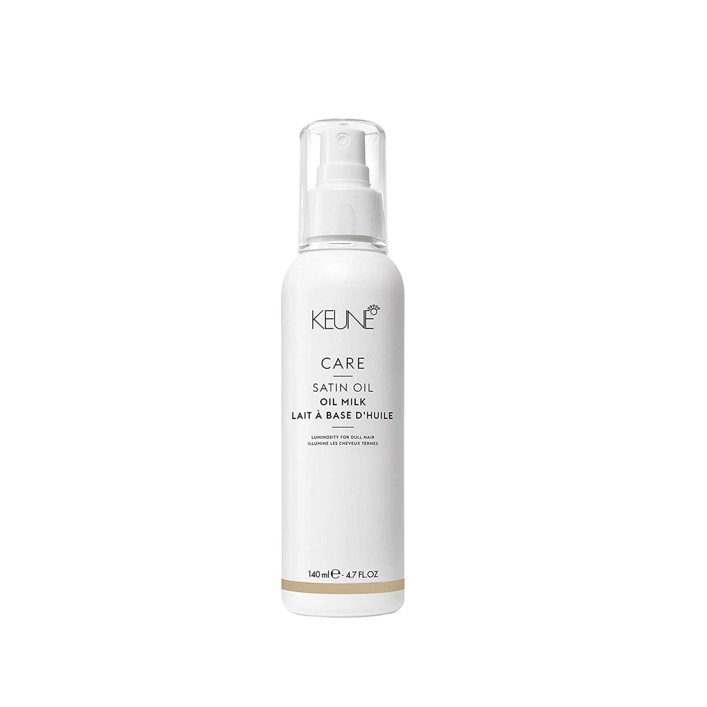 Keune Satin Oil Milk spray bottle, white with beige band, 140 ml hair care product on Tampa Home & Garden Store