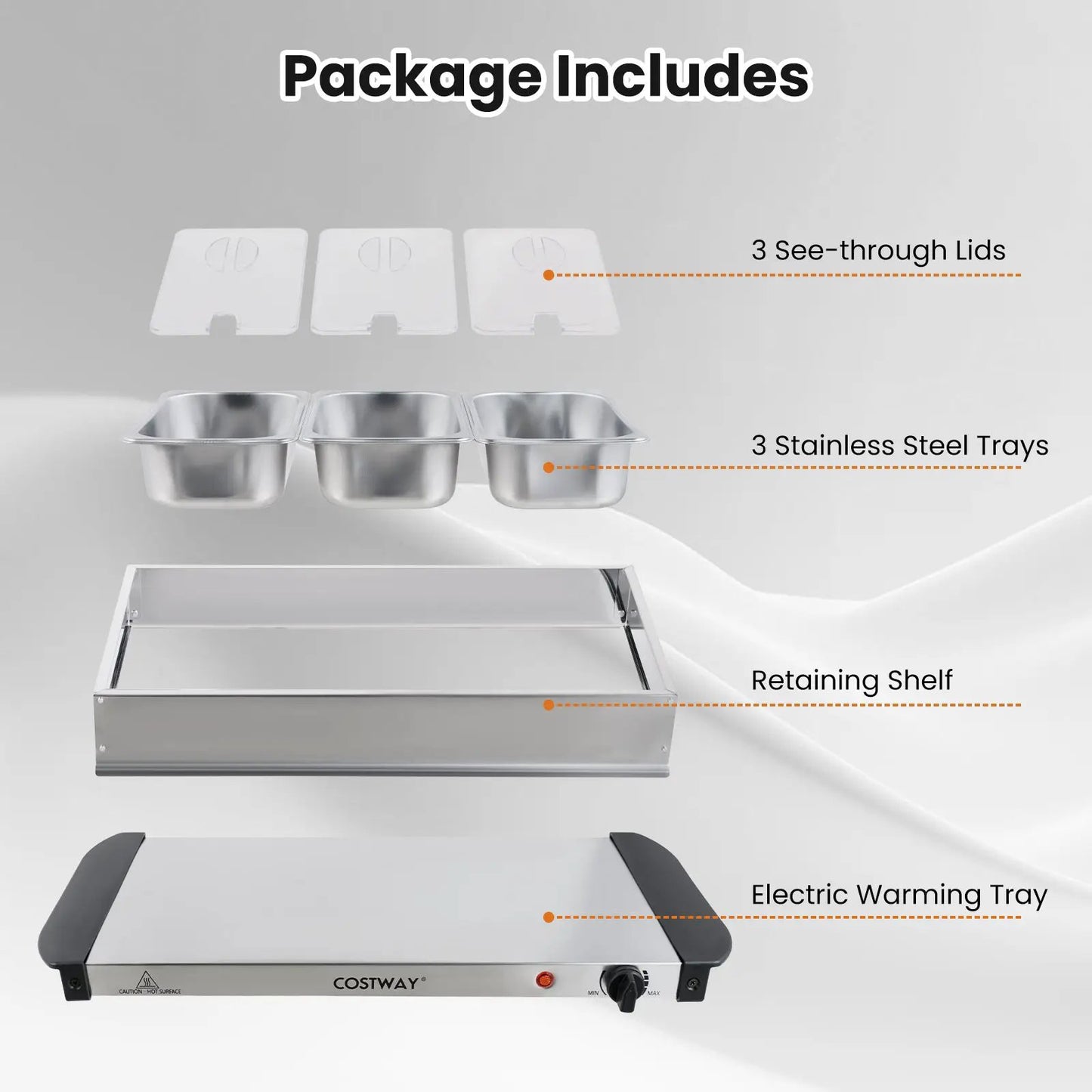 Electric buffet server with 3 stainless steel trays and 3 lids on Costway warming base on Tampa Home & Garden Store