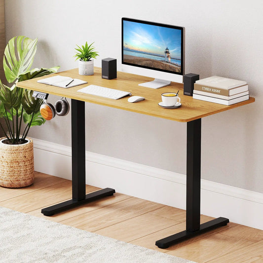 Electric standing desk frame height adjustable with natural wood top and black metal legs on Tampa Home & Garden Store