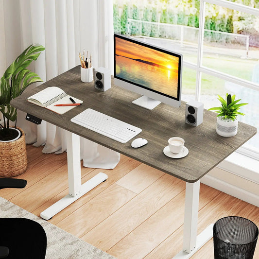 Electric standing desk with LED display, dark wood grain top and white legs on Tampa Home & Garden Store