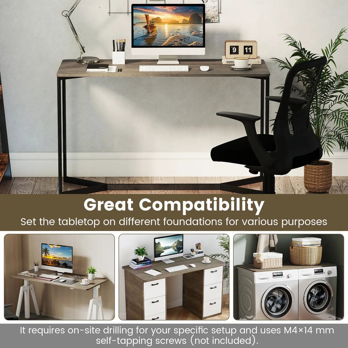 Electric Standing Desk with LED Display, woodgrain top on black metal legs, organized workspace on Tampa Home & Garden Store