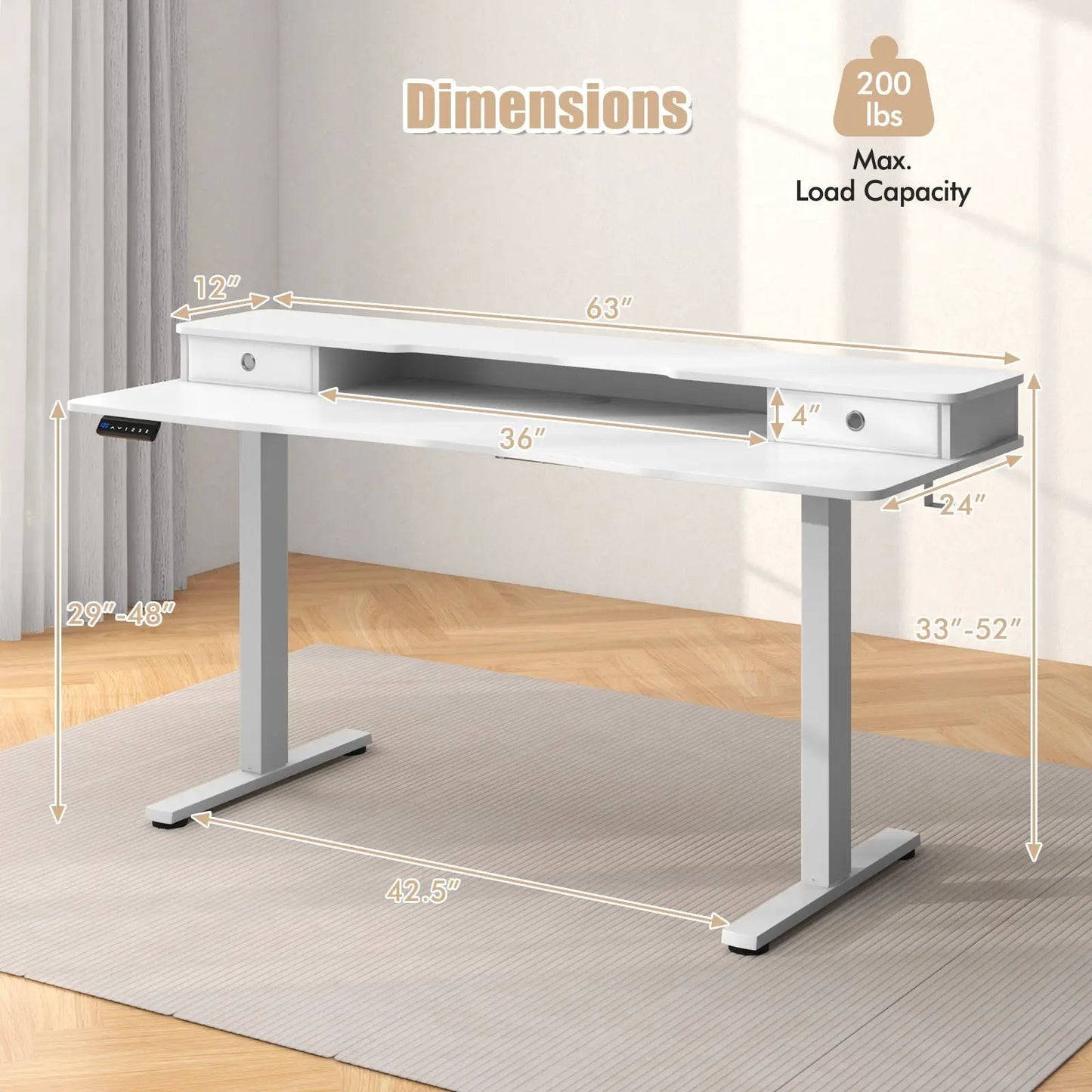 63 Inch x 24 Inch Electric Standing Desk with 2 Drawers-Rustic Brown - Tampa Home & Garden Store