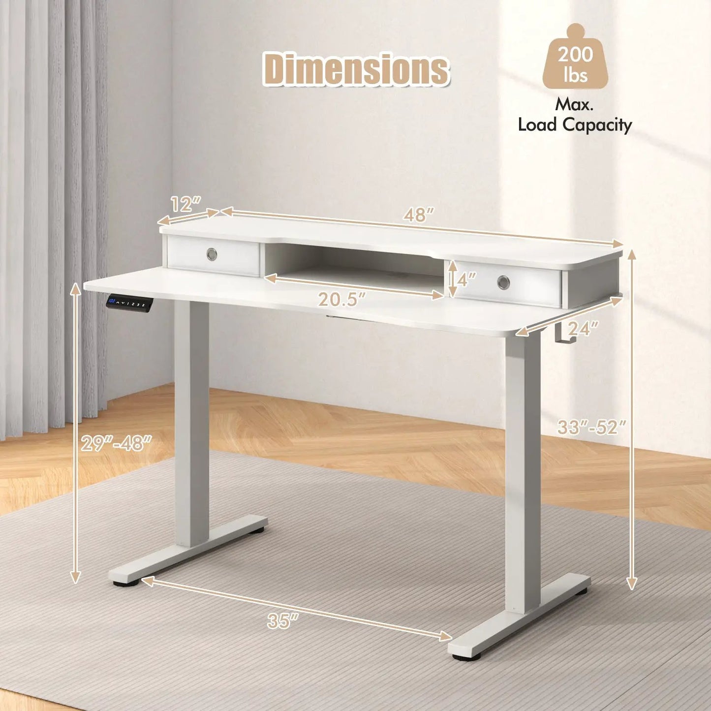 48 Inch x 24 Inch Height Adjustable Electric Standing Desk with 2 Drawers-Rustic Brown - Tampa Home & Garden Store