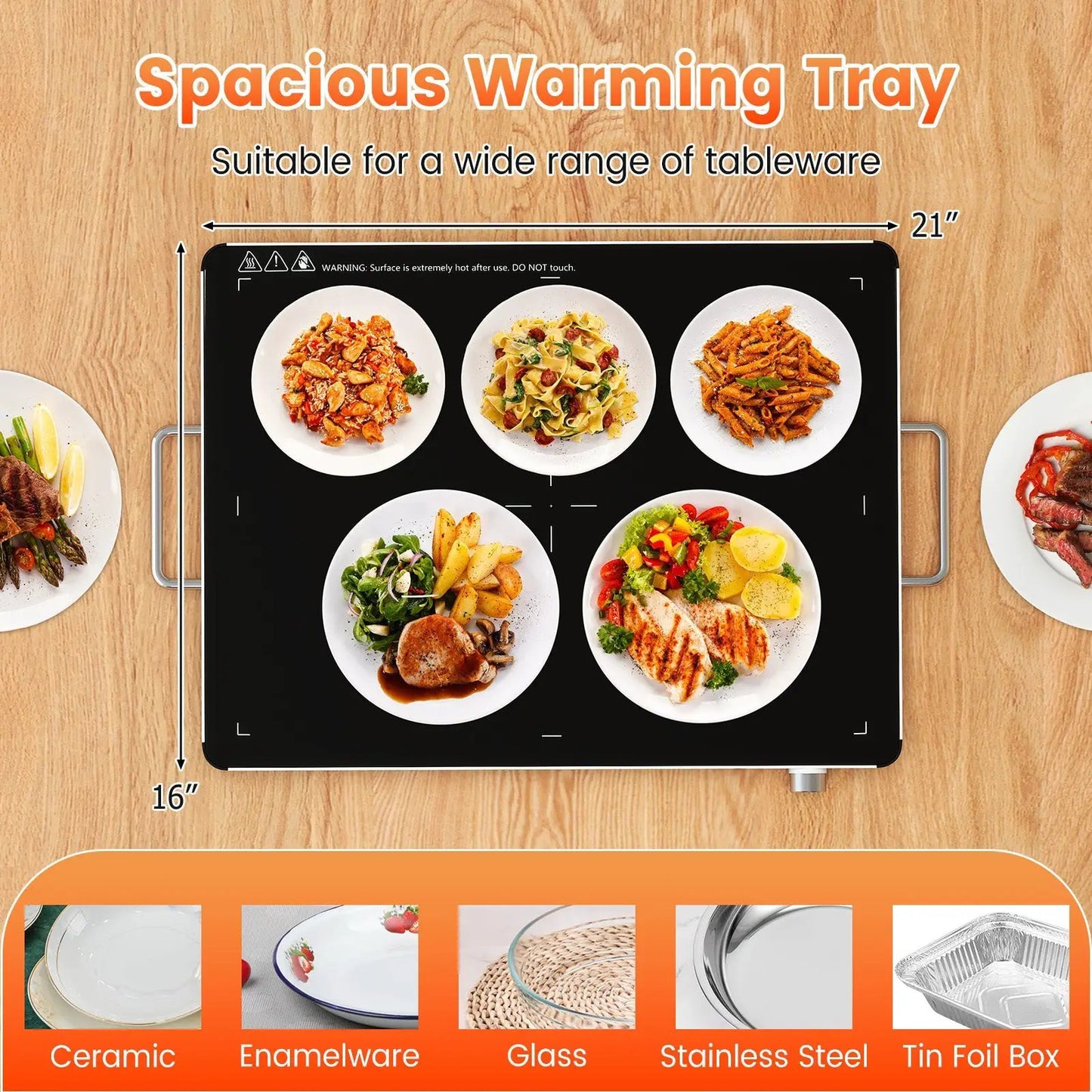 Electric Food Warmer with Adjustable Temperature on black warming tray with six dishes on Tampa Home & Garden Store