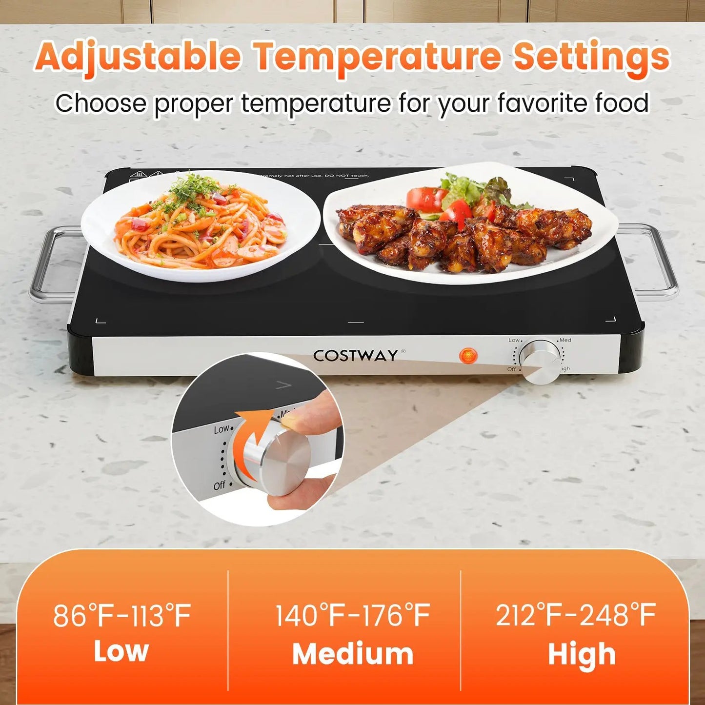 Electric Warming Tray with Temperature Control Costway, black top, metal handles on Tampa Home & Garden Store