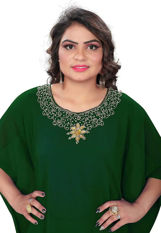 Georgette chiffon emerald green kaftan with hand-embroidered neckline and gold pendant motif on Tampa Home & Garden Store