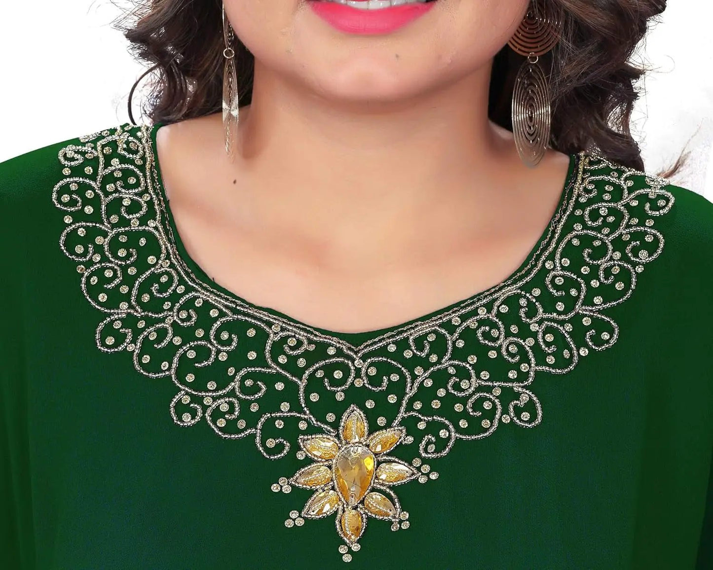Elegant Hand Embroidered Kaftan emerald green with silver embroidery and a yellow gemstone pendant on Tampa Home & Garden Store