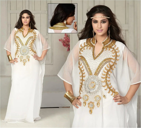 Georgette-chiffon kaftan with hand-embroidered goldwork, sheer sleeves, Elevate Marketplace on Tampa Home & Garden Store