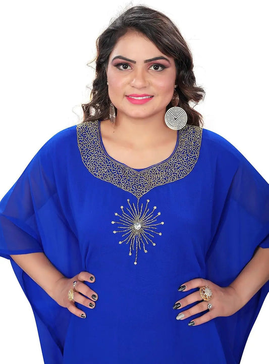 Elegant Hand Embroidered Rhinestone Beaded Kaftan in royal blue with gold neckline on Tampa Home & Garden Store