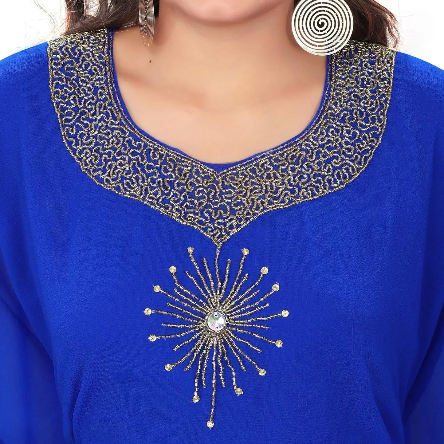 Kaftan in royal blue with hand-embroidered metallic beaded collar and sunburst rhinestone motif on Tampa Home & Garden Store