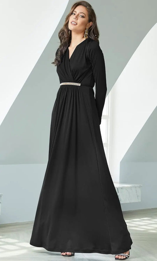 Elegant Pleated Maternity Maxi Dress in black with long sleeves and jeweled waist belt on Tampa Home & Garden Store