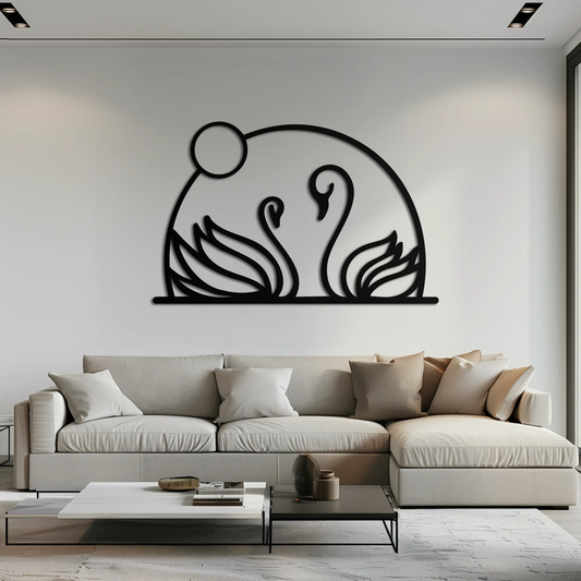 Elegant Swan Couple Silhouette Modern Metal Wall Art in bold black line art of two swans on wall on Tampa Home & Garden Store
