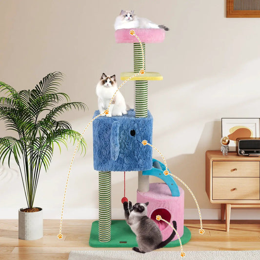 Elephant themed cat tree with 2 condos, blue base and pink top DirectDeals on Tampa Home & Garden Store