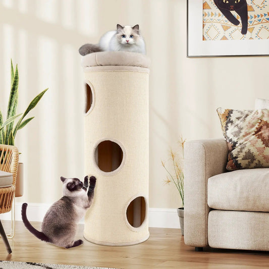 Elevated Cat Cave 4-Story Cat House beige with sisal-wrapped posts and round holes, cat on top on Tampa Home & Garden Store