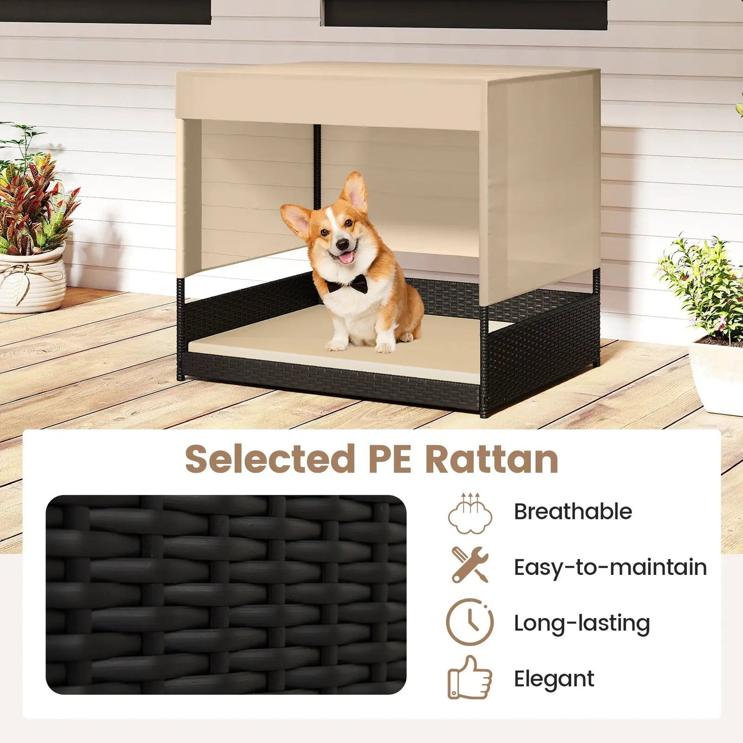 Elevated wicker dog house Black for small breeds with a corgi inside on Tampa Home & Garden Store