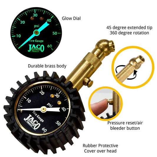 JACO Elite Brass Tire Pressure Gauge 60 PSI with glow dial and bleed button on Tampa Home & Garden Store