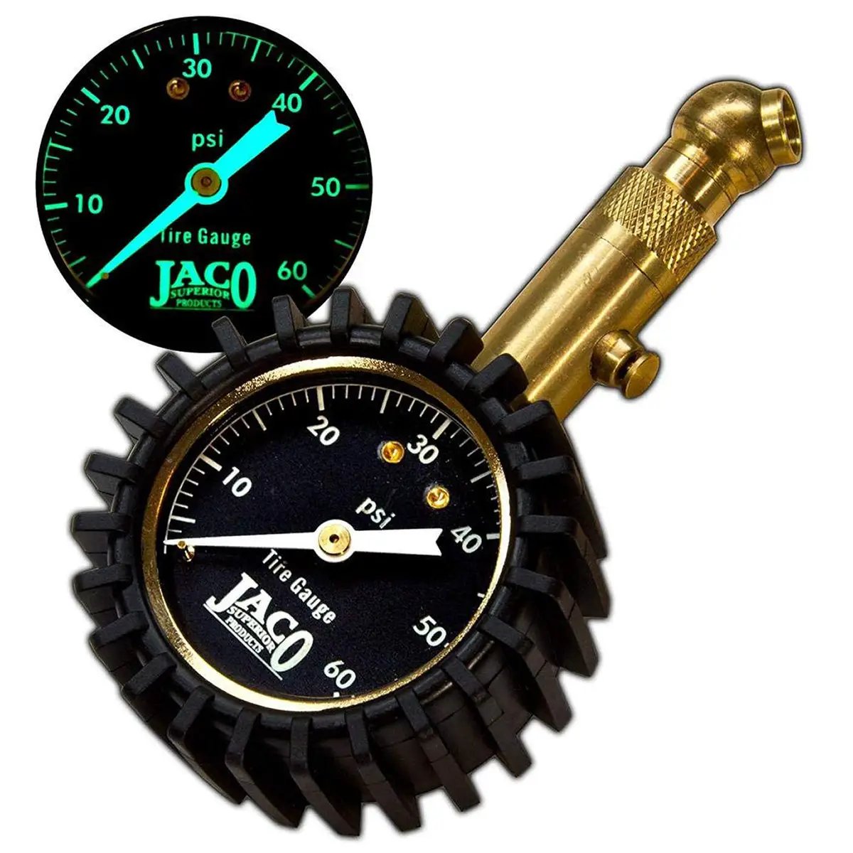 Elite Brass Tire Pressure Gauge 60 PSI by JACO; brass body with two black dial gauges on Tampa Home & Garden Store