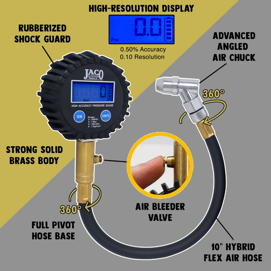 ElitePro Digital Tire Pressure Gauge by JACO with rubberized shock guard and blue LCD display on Tampa Home & Garden Store